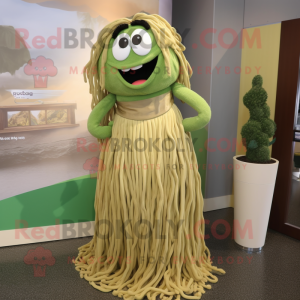 Olive Spaghetti mascot costume character dressed with a Maxi Dress and Ties