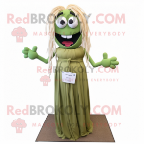 Olive Spaghetti mascot costume character dressed with a Maxi Dress and Ties