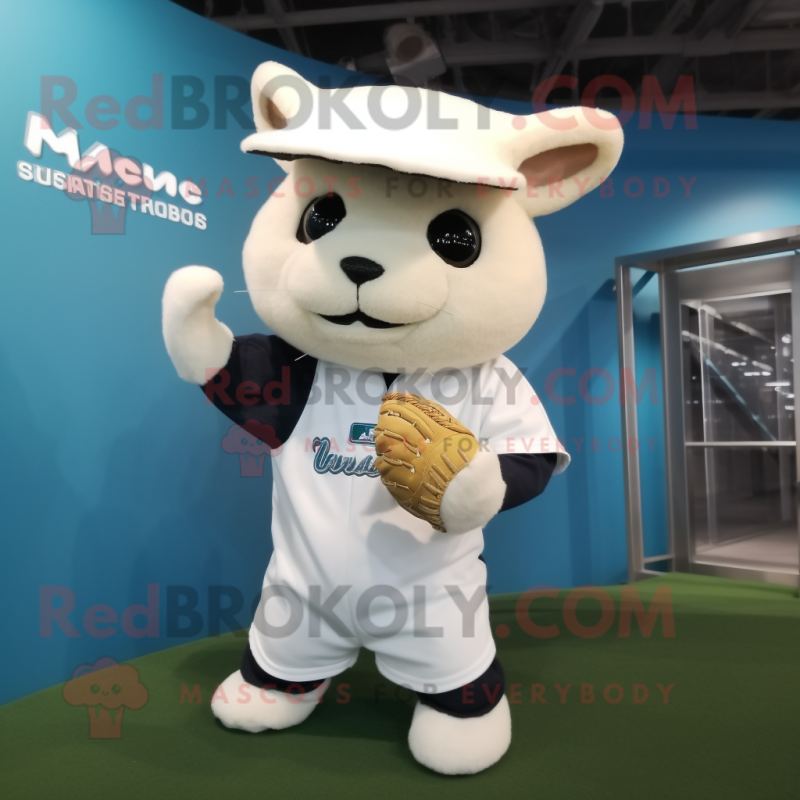 White Ermine mascot costume character dressed with a Baseball Tee and Rings White Ermine mascot costume character dressed with a Baseball Tee and Rings