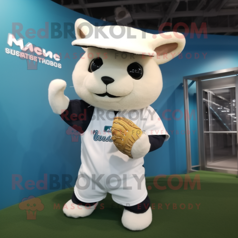 White Ermine mascot costume character dressed with a Baseball Tee and Rings