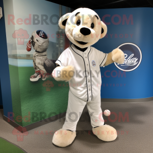 White Ermine mascot costume character dressed with a Baseball Tee and Rings