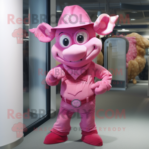 Pink Devil mascot costume character dressed with a Overalls and Hats