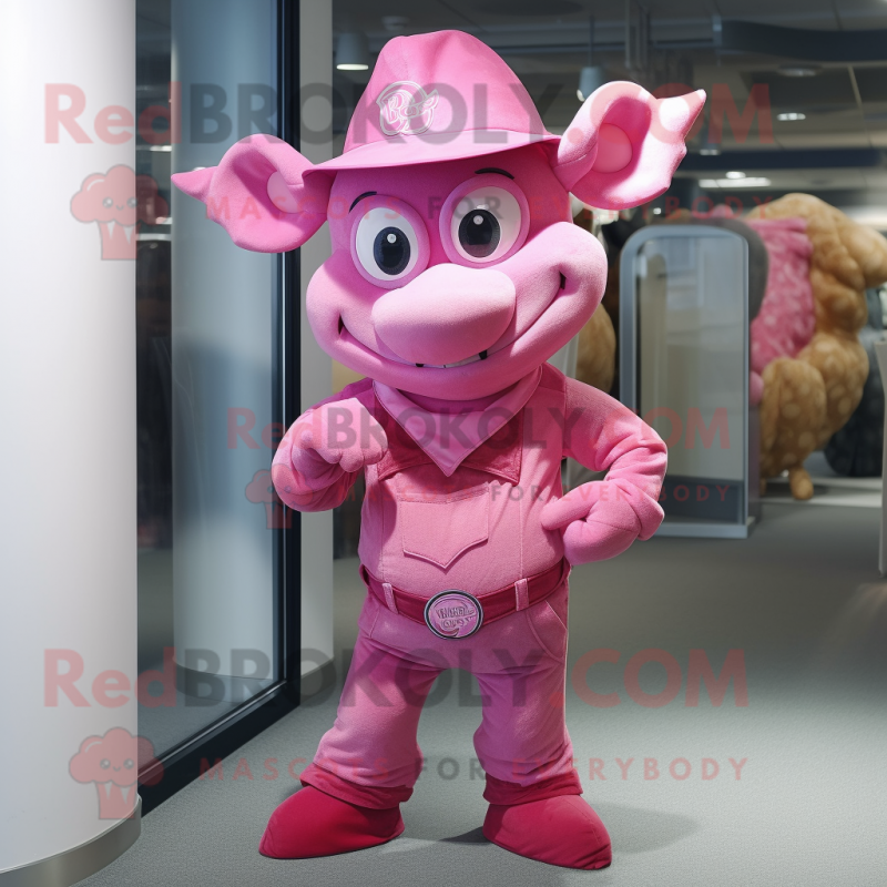 Pink Devil mascot costume character dressed with a Overalls and Hats Pink Devil mascot costume character dressed with a Overalls and Hats