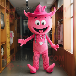 Pink Devil mascot costume character dressed with a Overalls and Hats