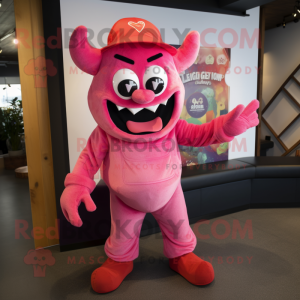 Pink Devil mascot costume character dressed with a Overalls and Hats