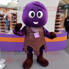 Purple Chocolates mascot costume character dressed with a Jeggings and Scarf clips