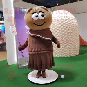 Brown Golf Ball mascot costume character dressed with a Shift Dress and Shawls