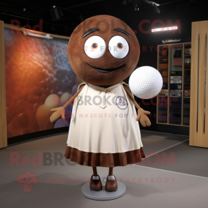 Brown Golf Ball mascot costume character dressed with a Shift Dress and Shawls