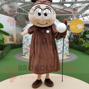 Brown Golf Ball mascot costume character dressed with a Shift Dress and Shawls