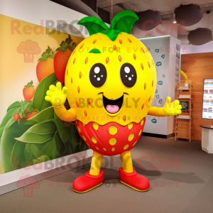 Yellow Strawberry mascot costume character dressed with a Playsuit and Ties