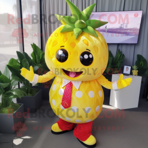 Yellow Strawberry mascot costume character dressed with a Playsuit and Ties