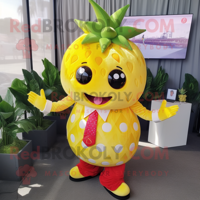 Yellow Strawberry mascot costume character dressed with a Playsuit and Ties Yellow Strawberry mascot costume character dressed with a Playsuit and Ties