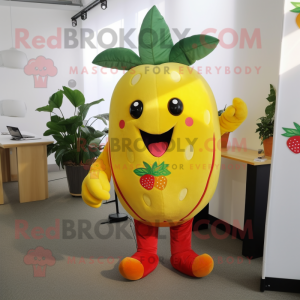 Yellow Strawberry mascot costume character dressed with a Playsuit and Ties