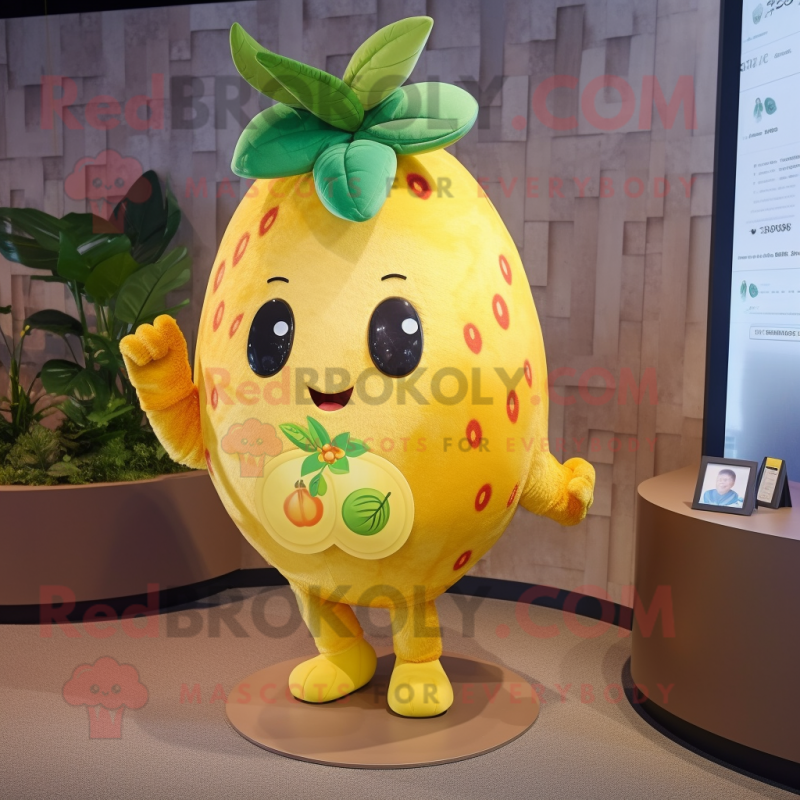 Yellow Strawberry mascot costume character dressed with a Playsuit and Ties