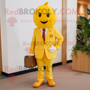 Yellow Tomato mascot costume character dressed with a Suit Pants and Pocket squares