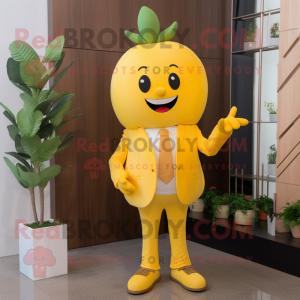 Yellow Tomato mascot costume character dressed with a Suit Pants and Pocket squares