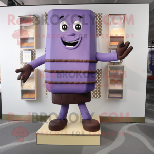 Lavender Chocolate Bar mascot costume character dressed with a Bodysuit and Shoe clips