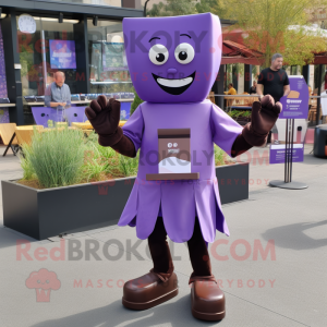 Lavender Chocolate Bar mascot costume character dressed with a Bodysuit and Shoe clips