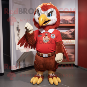 Red Hawk mascot costume character dressed with a Polo Tee and Lapel pins