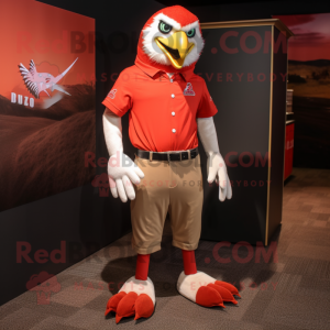 Red Hawk mascot costume character dressed with a Polo Tee and Lapel pins