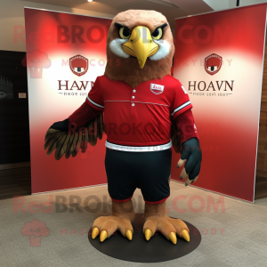 Red Hawk mascot costume character dressed with a Polo Tee and Lapel pins