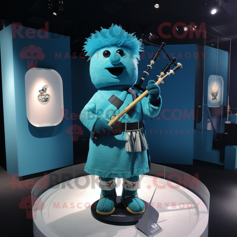 Cyan Bagpipe mascot costume character dressed with a Sheath Dress and Brooches