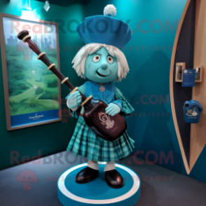 Cyan Bagpipe mascot costume character dressed with a Sheath Dress and Brooches