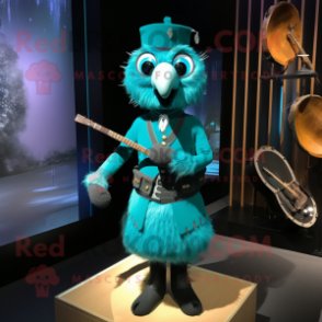 Cyan Bagpipe mascot costume character dressed with a Sheath Dress and Brooches