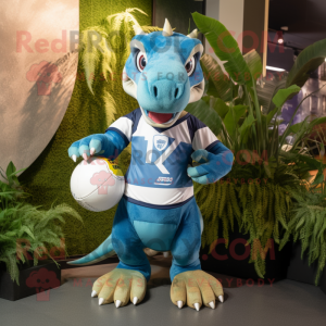 Cyan Dimorphodon mascot costume character dressed with a Rugby Shirt and Keychains