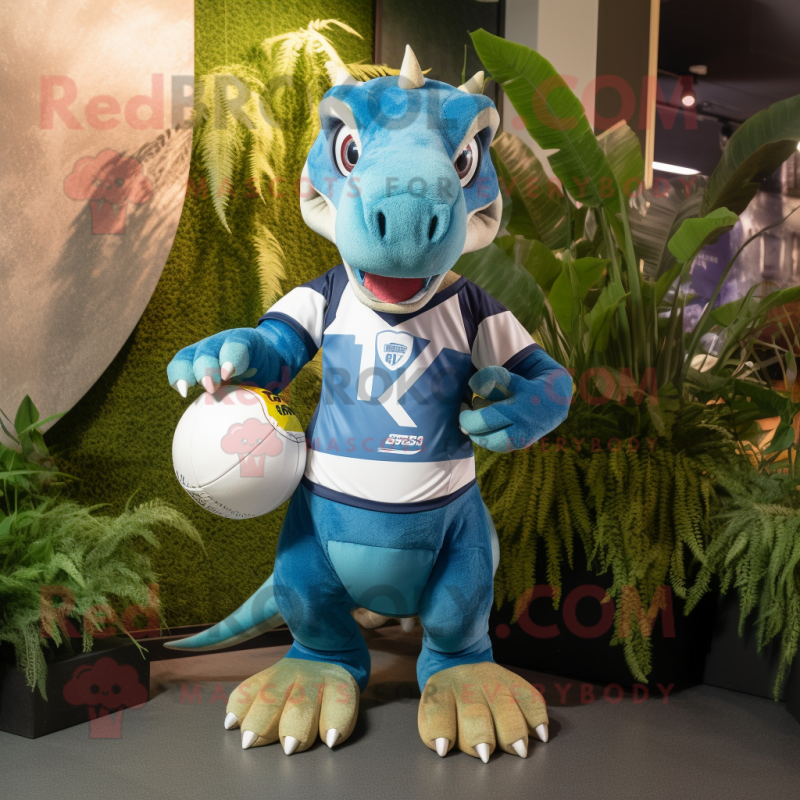 Cyan Dimorphodon mascot costume character dressed with a Rugby Shirt and Keychains Cyan Dimorphodon mascot costume character dressed with a Rugby Shirt and Keychains