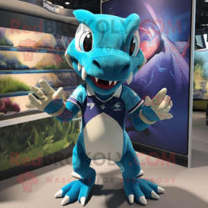 Cyan Dimorphodon mascot costume character dressed with a Rugby Shirt and Keychains