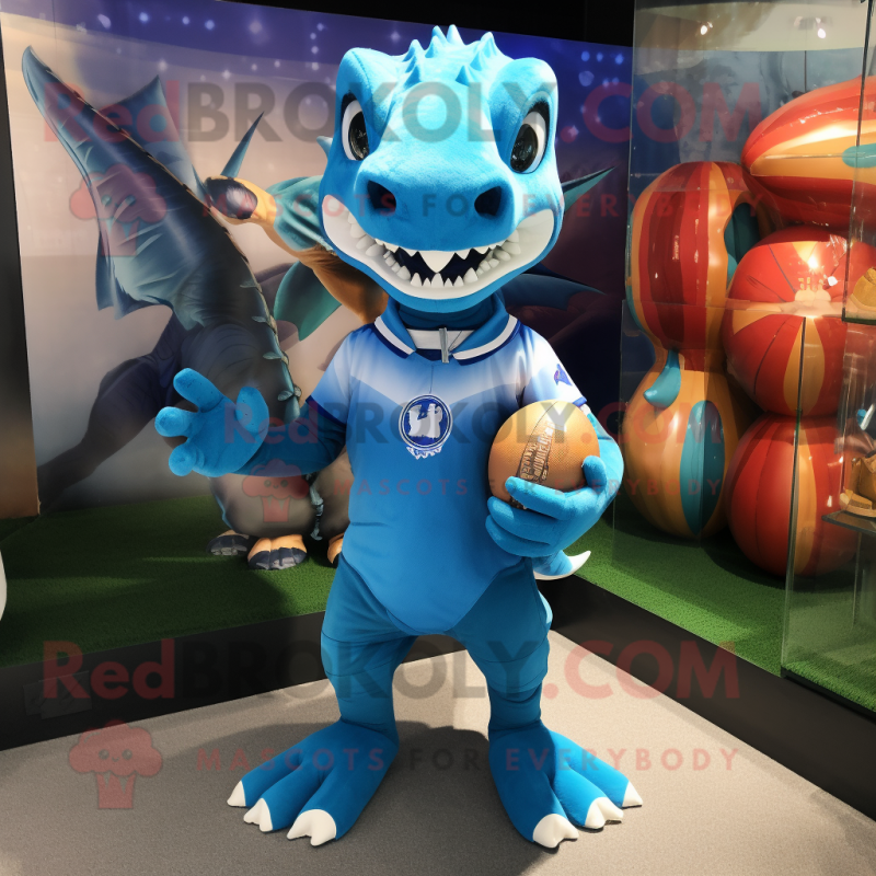 Cyan Dimorphodon mascot costume character dressed with a Rugby Shirt and Keychains