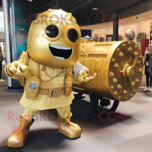 Gold Human Cannon Ball mascot costume character dressed with a Cargo Shorts and Bracelet watches