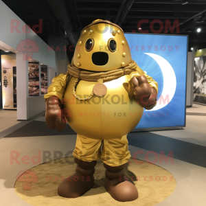 Gold Human Cannon Ball mascot costume character dressed with a Cargo Shorts and Bracelet watches