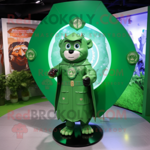 Green Celtic Shield mascot costume character dressed with a Raincoat and Earrings