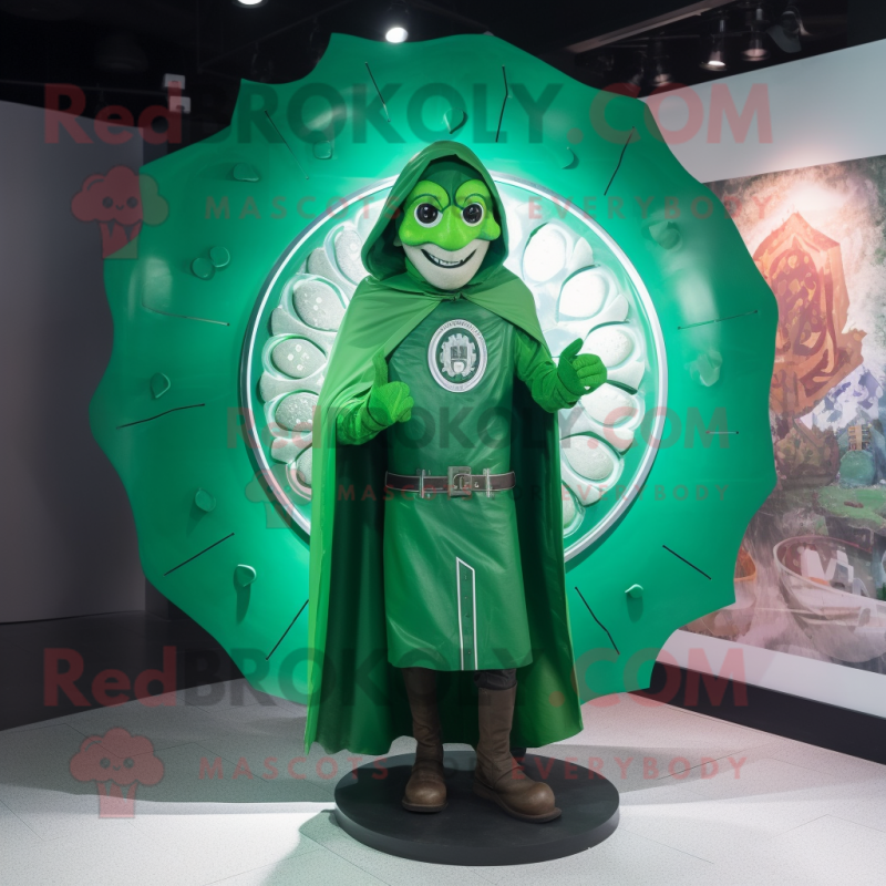 Green Celtic Shield mascot costume character dressed with a Raincoat and Earrings Green Celtic Shield mascot costume character dressed with a Raincoat and Earrings