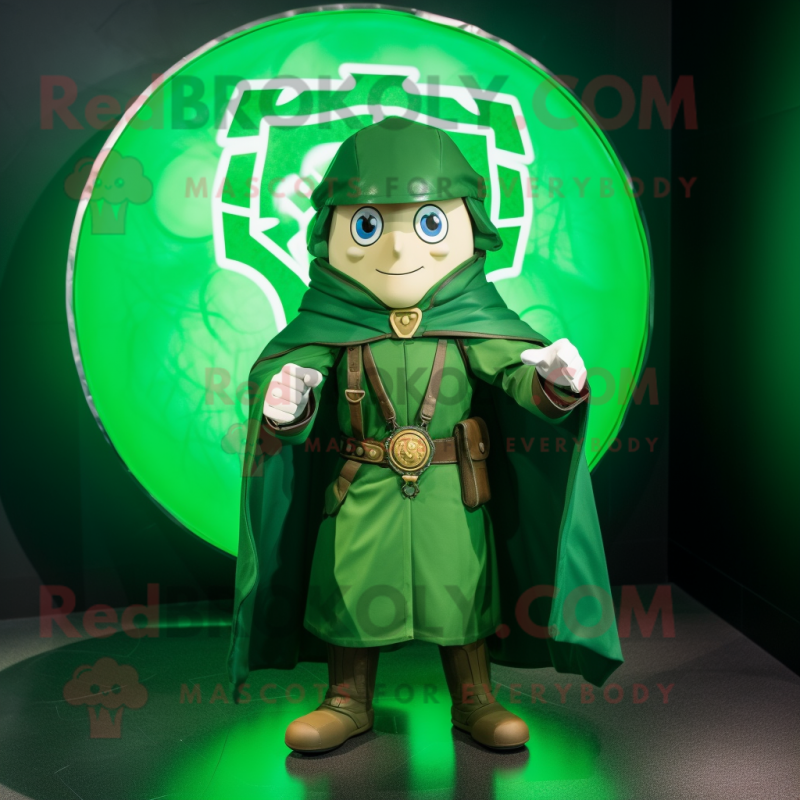 Green Celtic Shield mascot costume character dressed with a Raincoat and Earrings Green Celtic Shield mascot costume character dressed with a Raincoat and Earrings