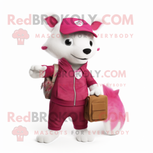 Magenta Ermine mascot costume character dressed with a Overalls and Wallets