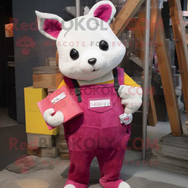 Magenta Ermine mascot costume character dressed with a Overalls and Wallets Magenta Ermine mascot costume character dressed with a Overalls and Wallets