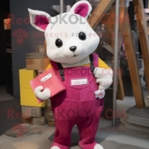 Magenta Ermine mascot costume character dressed with a Overalls and Wallets