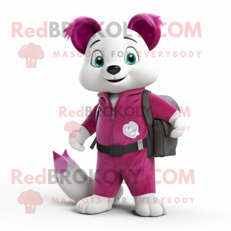 Magenta Ermine mascot costume character dressed with a Overalls and Wallets