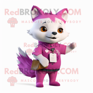 Magenta Ermine mascot costume character dressed with a Overalls and Wallets