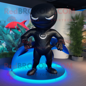 Black Manta Ray mascot costume character dressed with a Capri Pants and Lapel pins