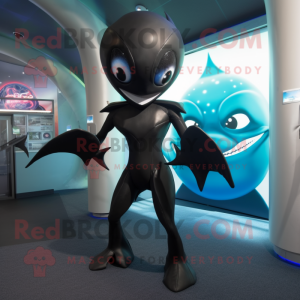 Black Manta Ray mascot costume character dressed with a Capri Pants and Lapel pins