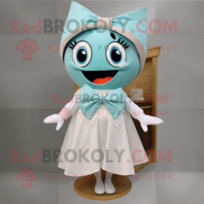 Cyan Clam Chowder mascot costume character dressed with a A-Line Dress and Bow ties