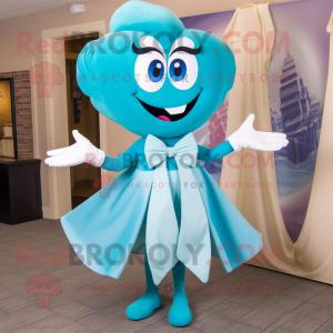 Cyan Clam Chowder mascot costume character dressed with a A-Line Dress and Bow ties