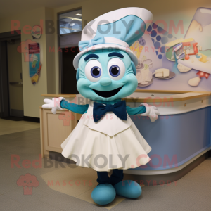 Cyan Clam Chowder mascot costume character dressed with a A-Line Dress and Bow ties