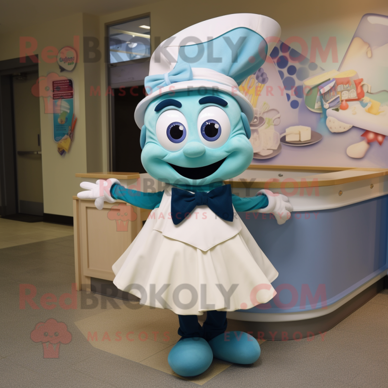 Cyan Clam Chowder mascot costume character dressed with a A-Line Dress and Bow ties Cyan Clam Chowder mascot costume character dressed with a A-Line Dress and Bow ties