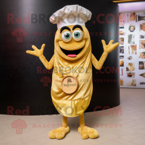 Gold Paella mascot costume character dressed with a V-Neck Tee and Suspenders