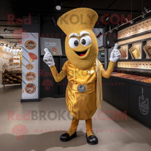 Gold Paella mascot costume character dressed with a V-Neck Tee and Suspenders